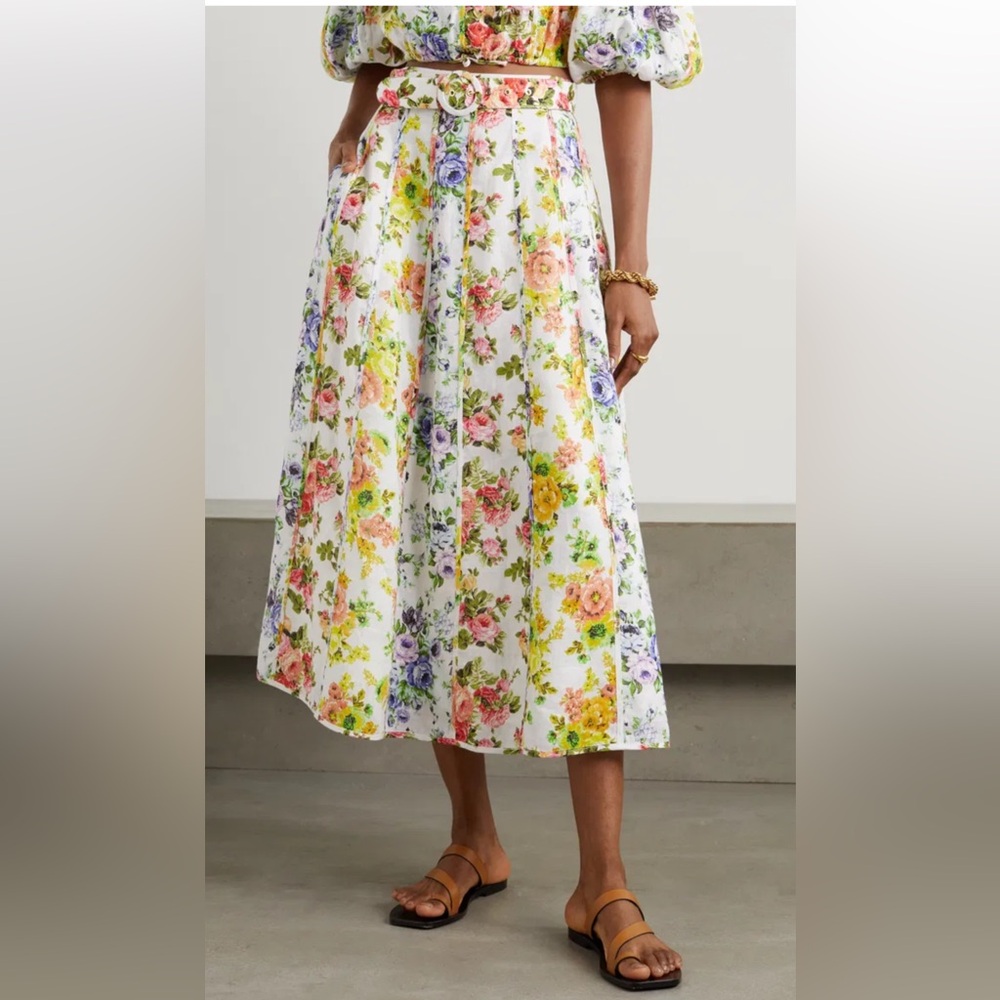 Zimmerman Organic Linen Panelled Floral Print Maxi Skirt